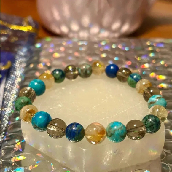 🩵Genuine turquoise + azurite + citrine + smoky quartz handmade beaded bracelet - Picture 1 of 3